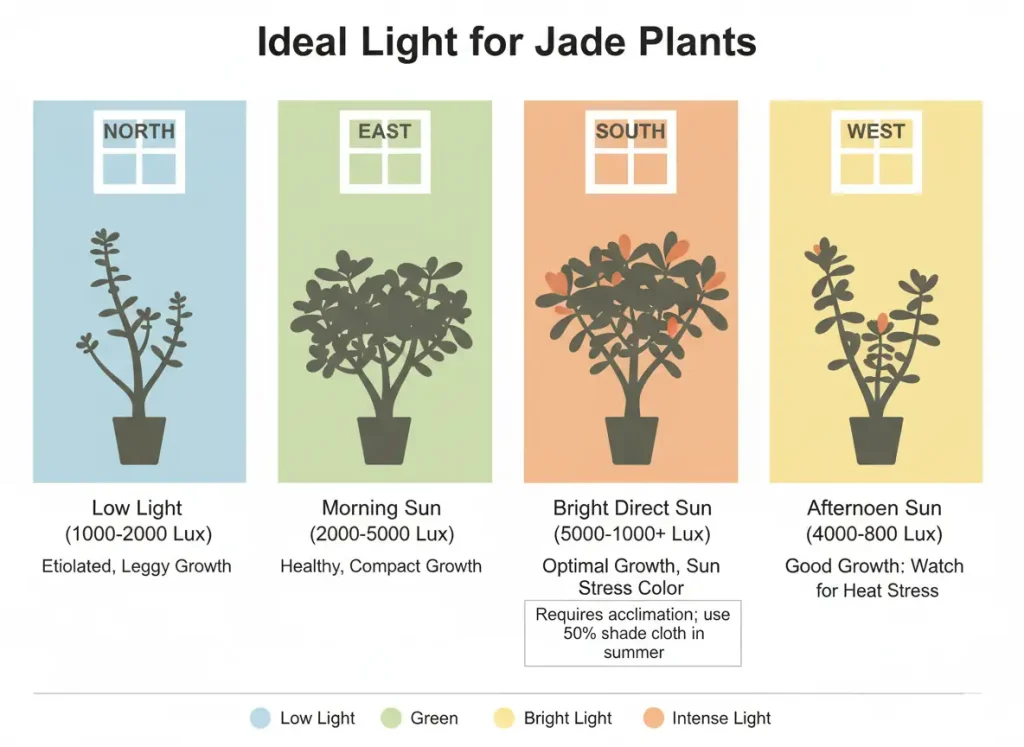 Jade plant light requirements by window direction with lux measurements infographic