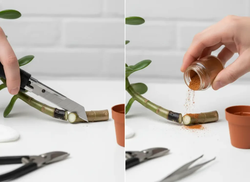 Cutting rotten jade stem and applying cinnamon fungicide treatment