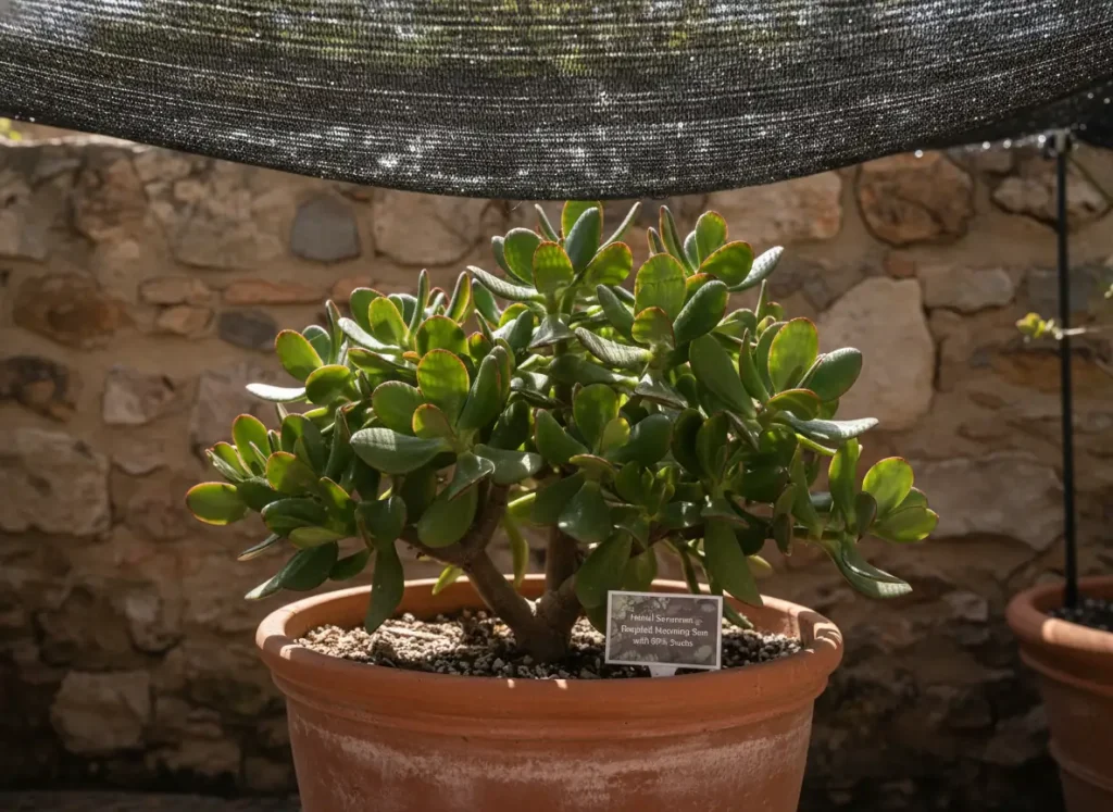 Outdoor jade plant in ideal morning sun with afternoon shade cloth protection
